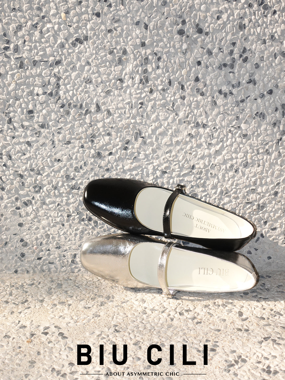 Showing the two colors of the mary jane flats in silver and black
