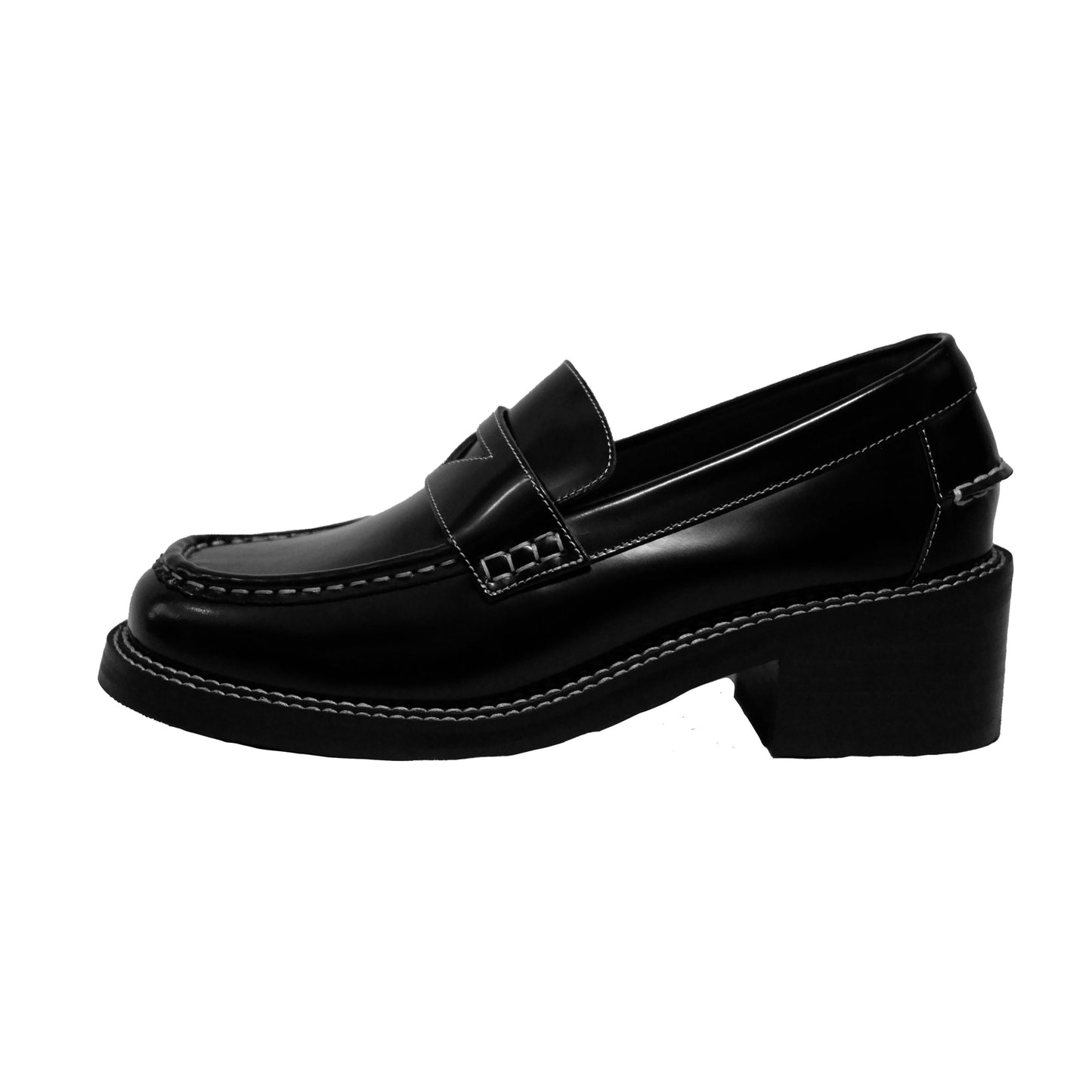 Side view of a pair of black leather loafer heels with asymmetric details for women.