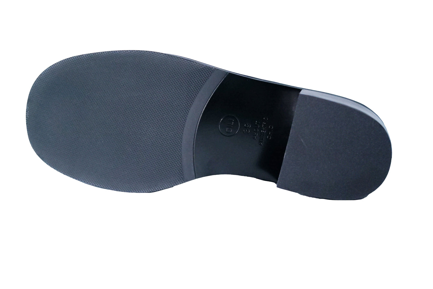 Bottom view of a pair of black leather loafer heels with asymmetric details for women.