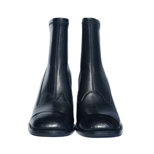 Front view of a pair of women's black leather square-toe ankle boots with block heels