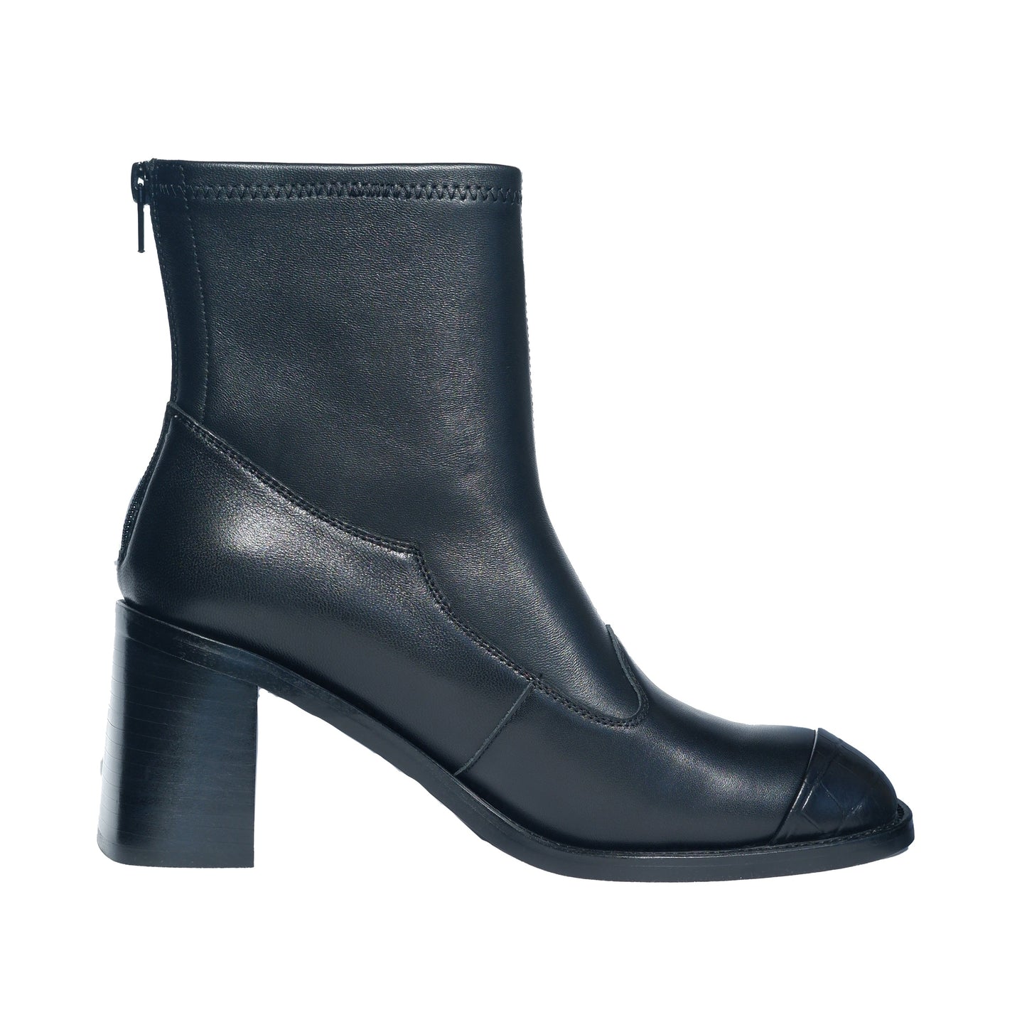 Side view of a pair of women's black leather square-toe ankle boots with block heels