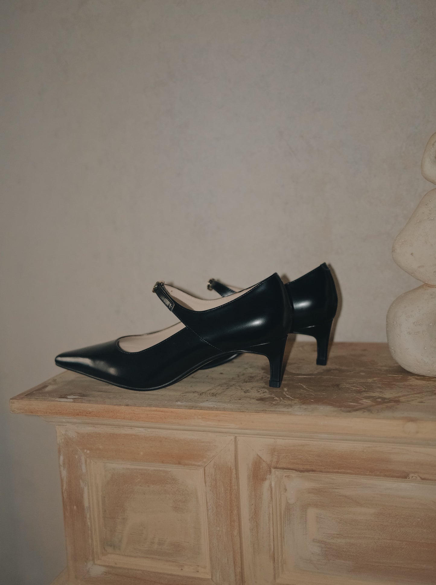 Black pointed-toe Mary Jane heel with metal buckle displayed sideways on a surface