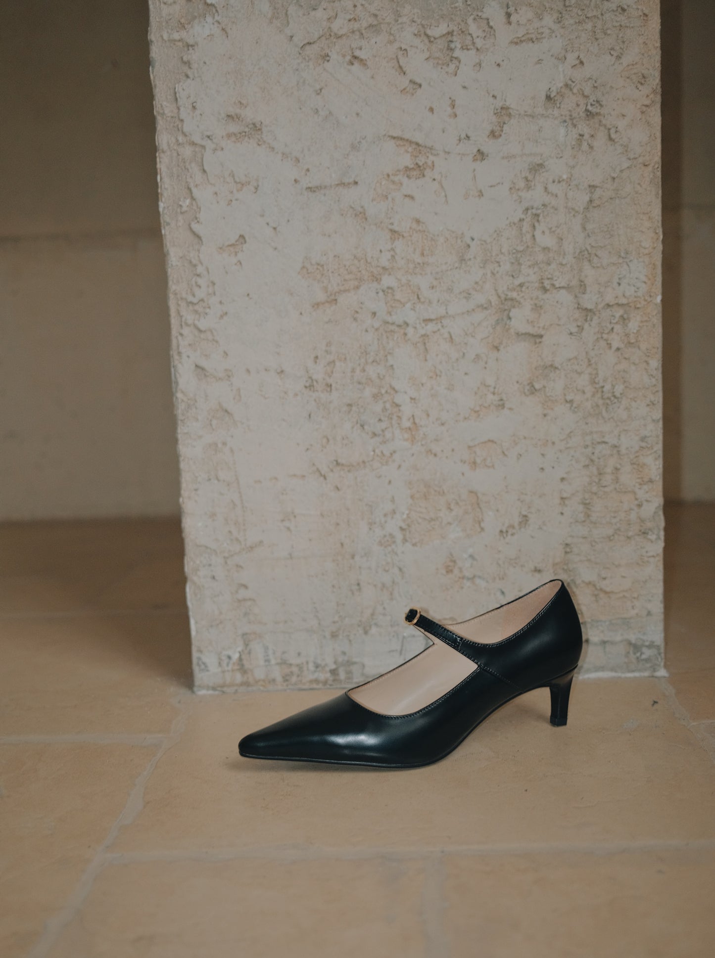 Black pointed-toe Mary Jane heel with metal buckle displayed sideways in front of a wall