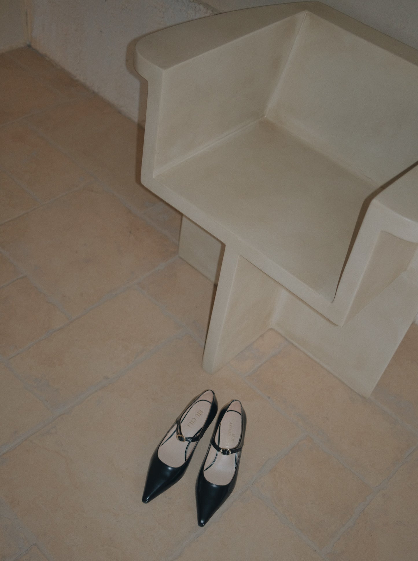 Top view of a pair of black leather pointed-toe Mary Jane heel with metal buckle
