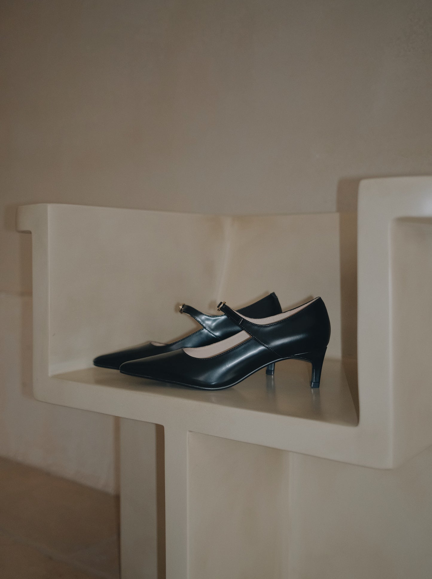 Black pointed-toe Mary Jane heel with metal buckle displayed on their sideways