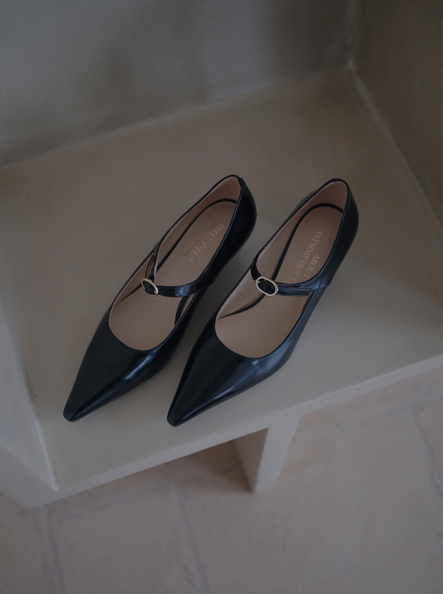 Black pointed-toe Mary Jane heel with metal buckle from top view