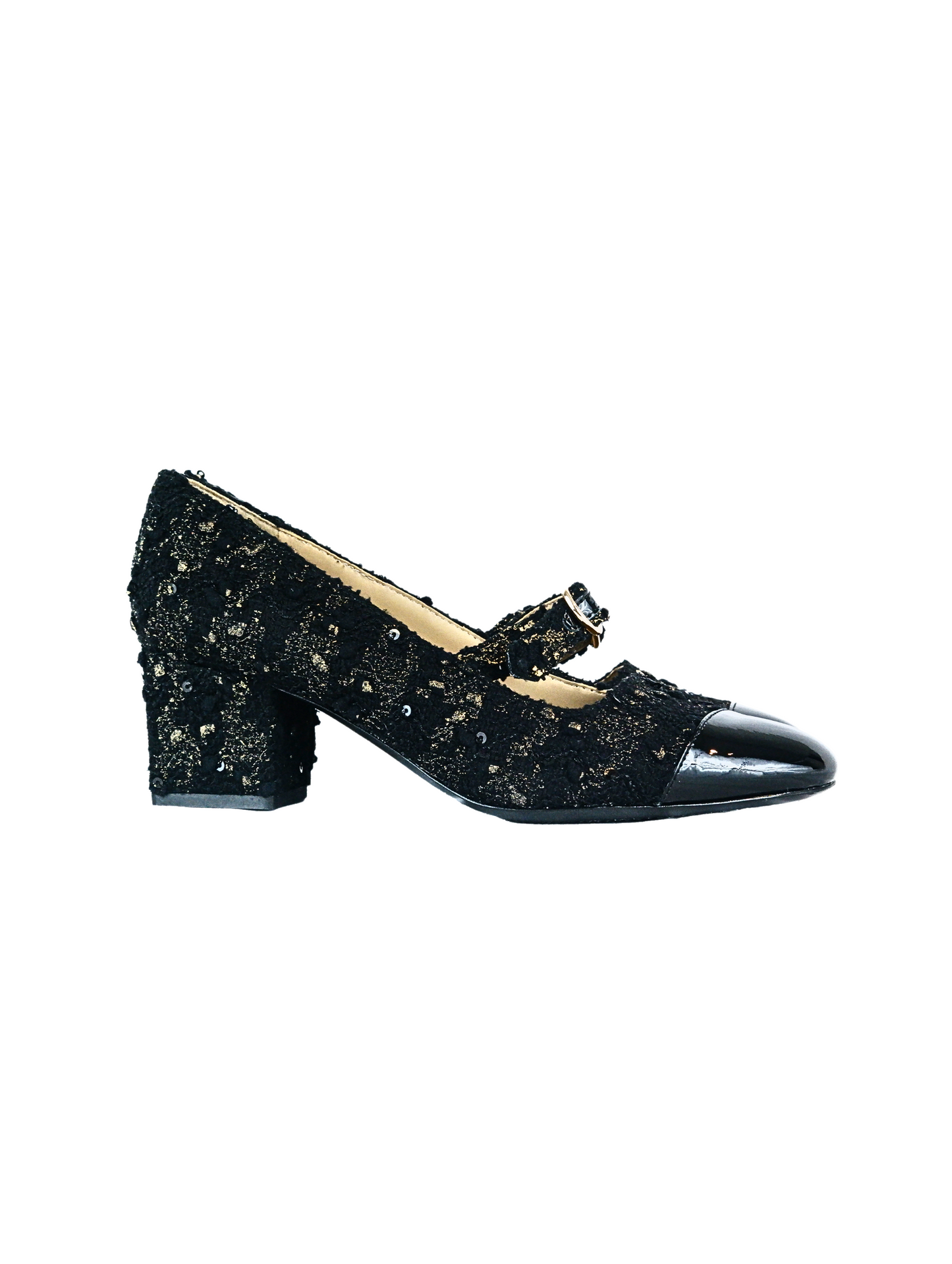 Elegant black Mary Janes featuring patent leather tweed design with asymmetric details and mid block heel