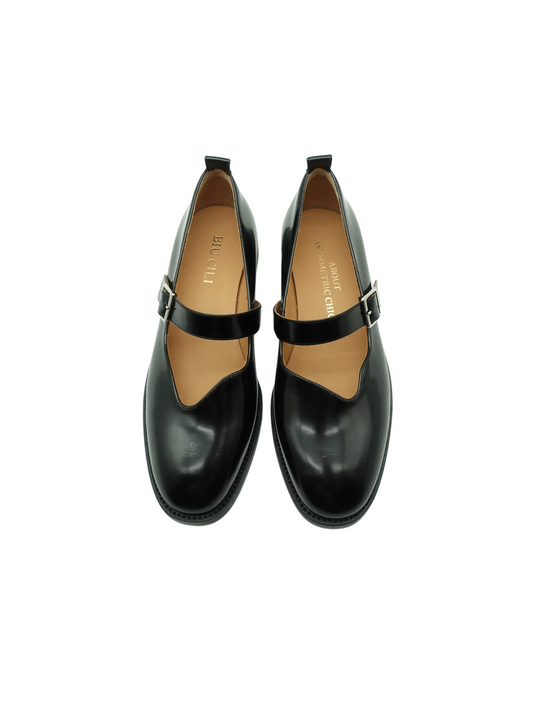 "Vinyl Vibe" Women's Asymmetric Leather Mary Jane Flats in Black