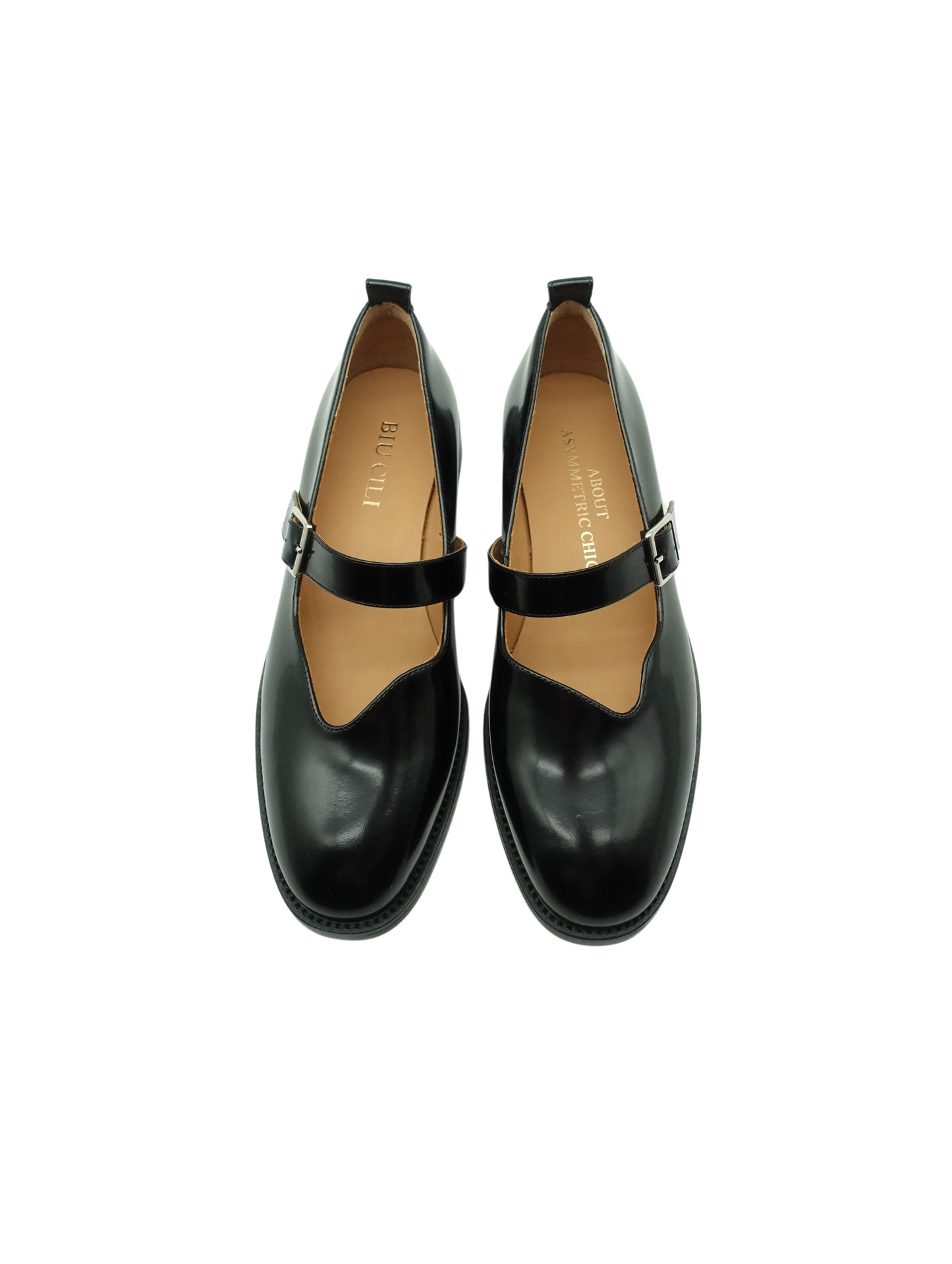 "Vinyl Vibe" Women's Asymmetric Leather Mary Jane Flats in Black