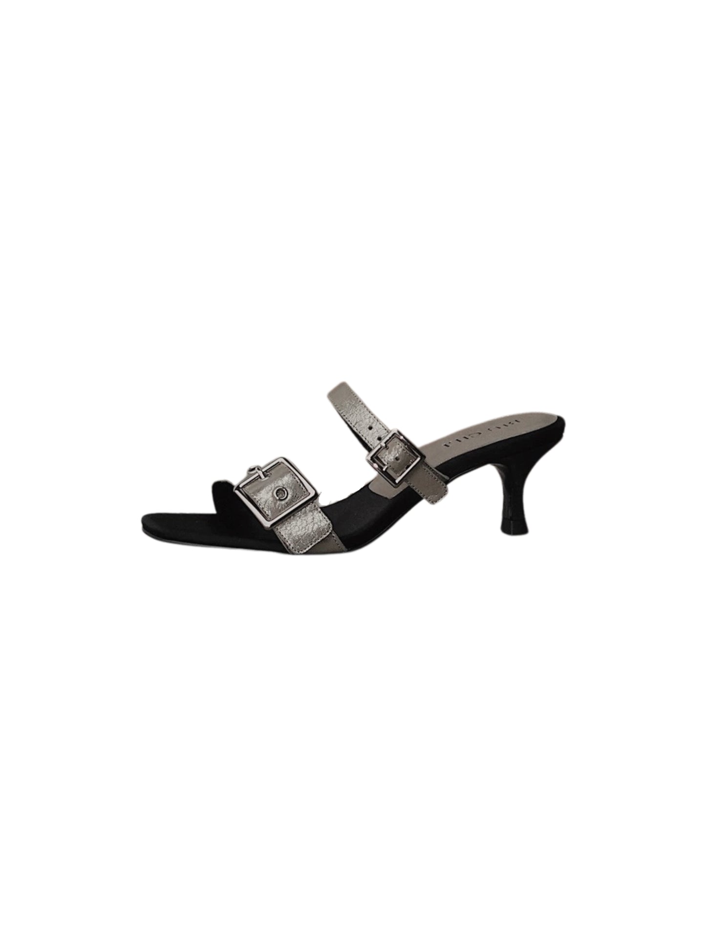 Minimalist mid heel sandals with asymmetrical silver buckle – side angle