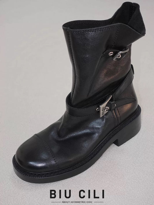 Women's Black Genuine Leather Vintage Engineer Boots