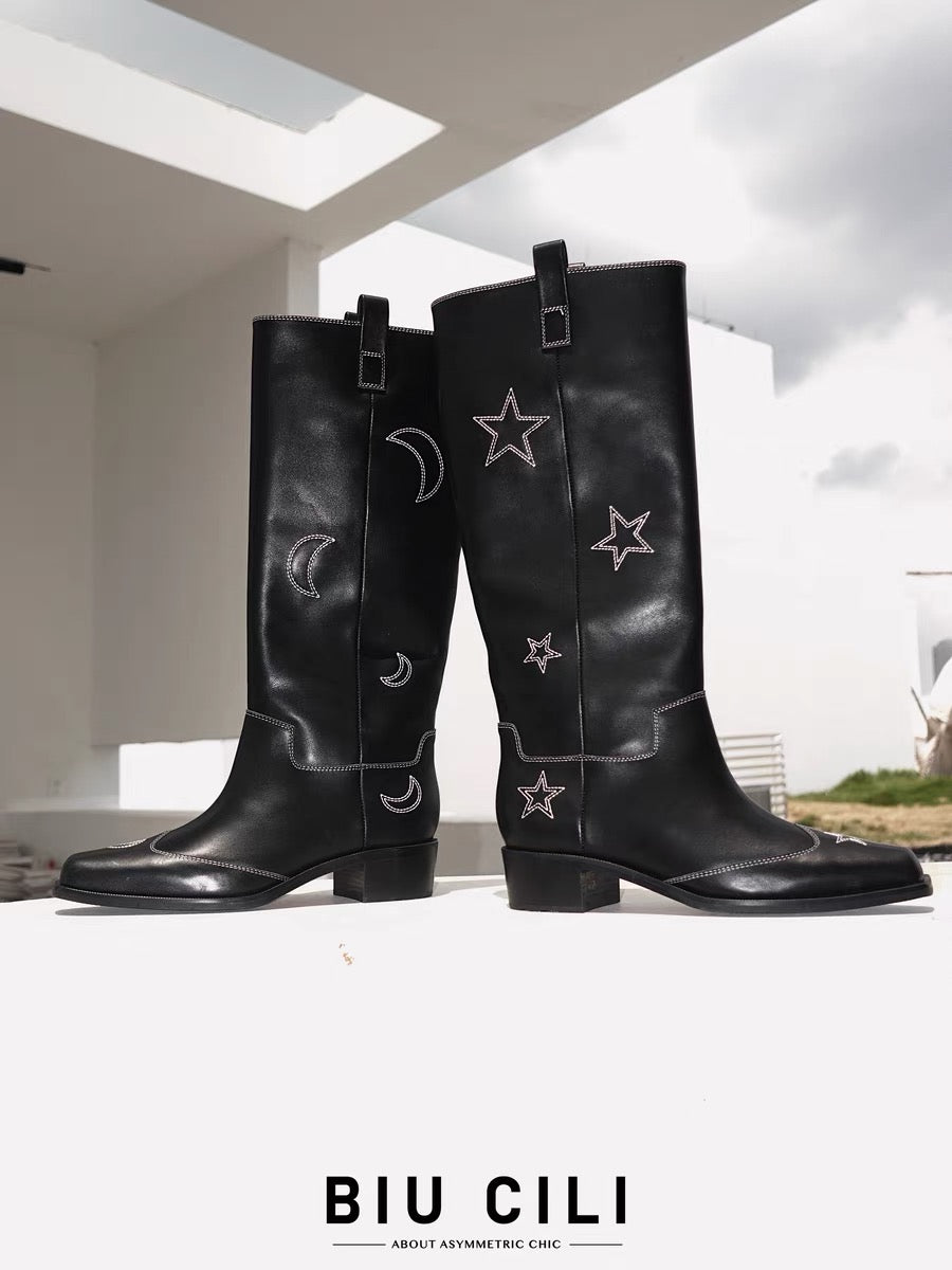 "Star & Moon" Asymmetric Leather Boots