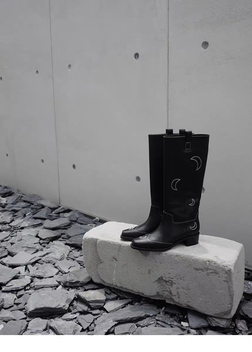 "Star & Moon" Asymmetric Leather Boots