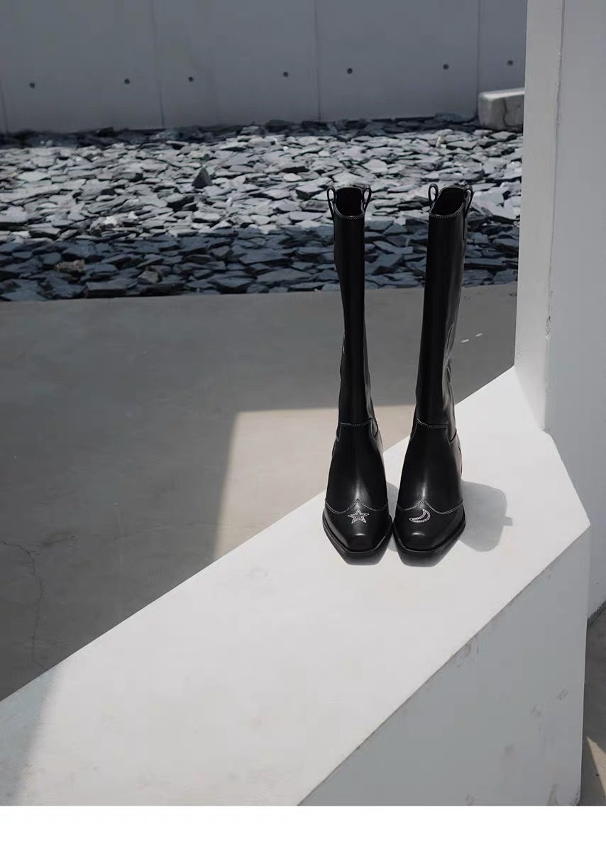 "Star & Moon" Asymmetric Leather Boots