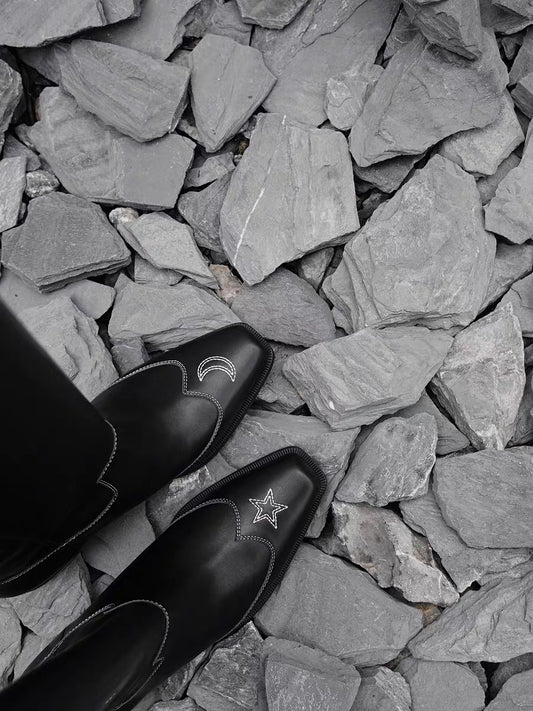 "Star & Moon" Asymmetric Leather Boots