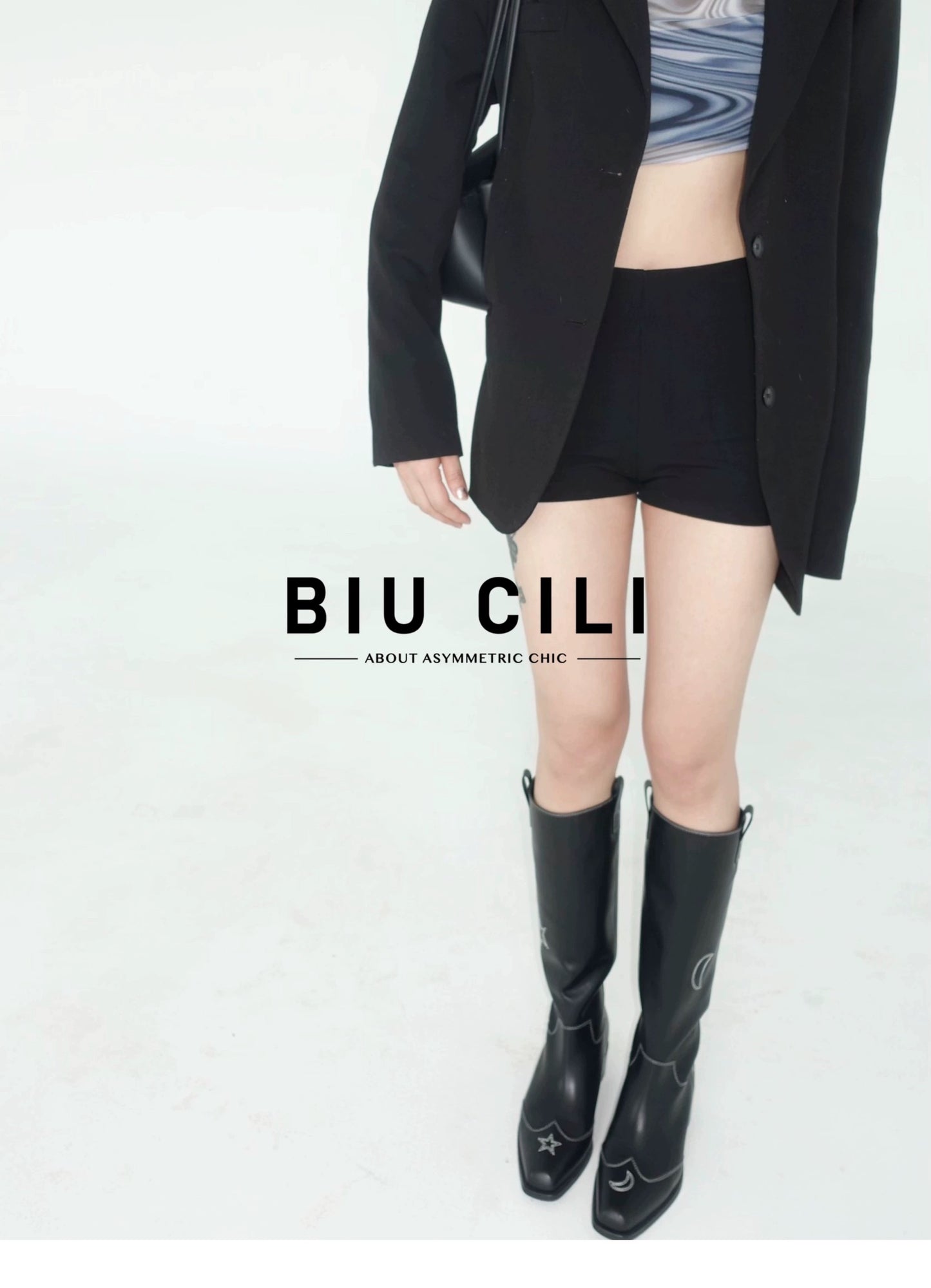 "Star & Moon" Asymmetric Leather Boots