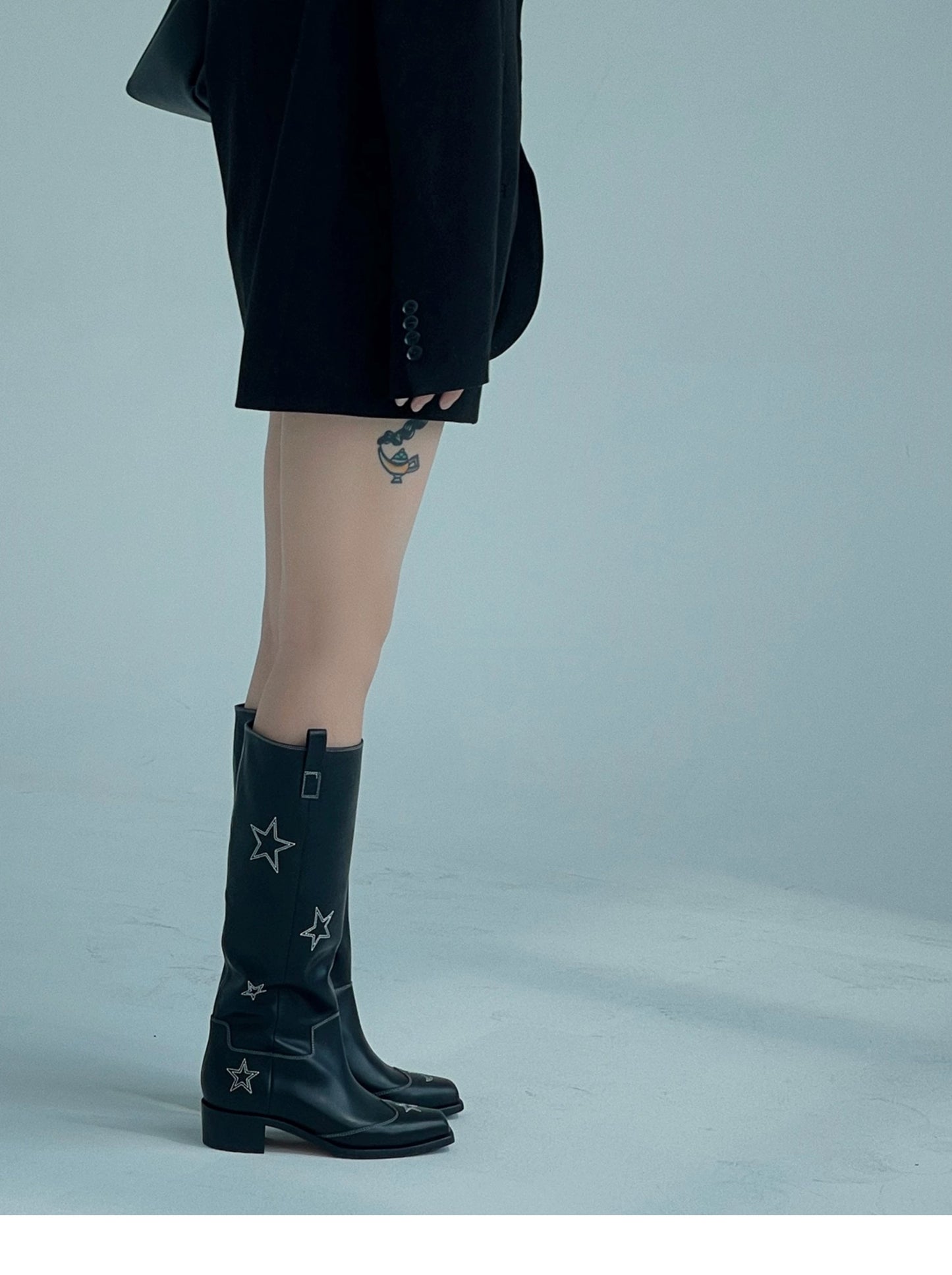 "Star & Moon" Asymmetric Leather Boots