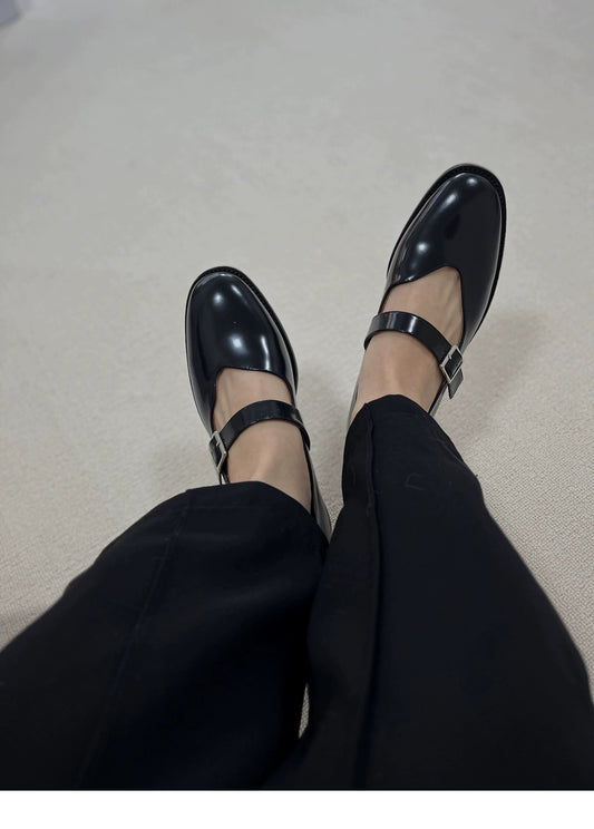 "Vinyl Vibe" Women's Asymmetric Leather Mary Jane Flats in Black