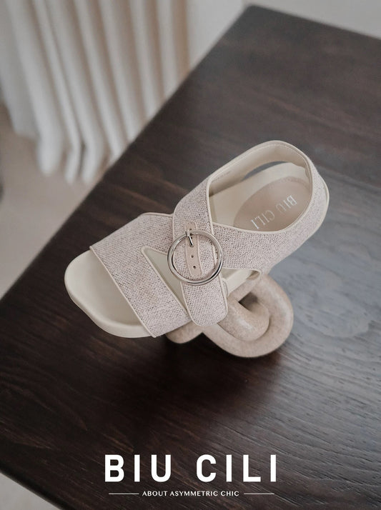 Summer Woven Leather Sandals with Asymmetric Buckle Details