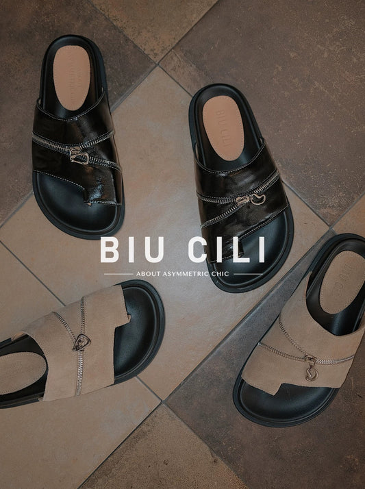 Summer Sandals with Asymmetric Twinkle Zipper Details Leather Slides