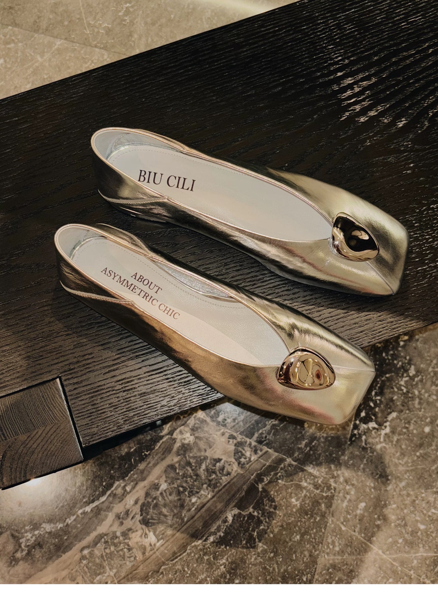 Slow Time Minimalist Two-Way Square Toe Leather Flats in Black or Silver