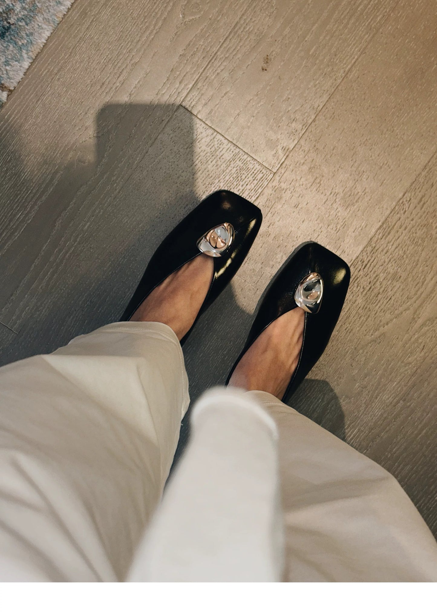 Slow Time Minimalist Two-Way Square Toe Leather Flats in Black or Silver