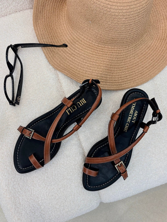 Sunset Stroll Summer Brown Strappy Leather Sandals with Low Heels