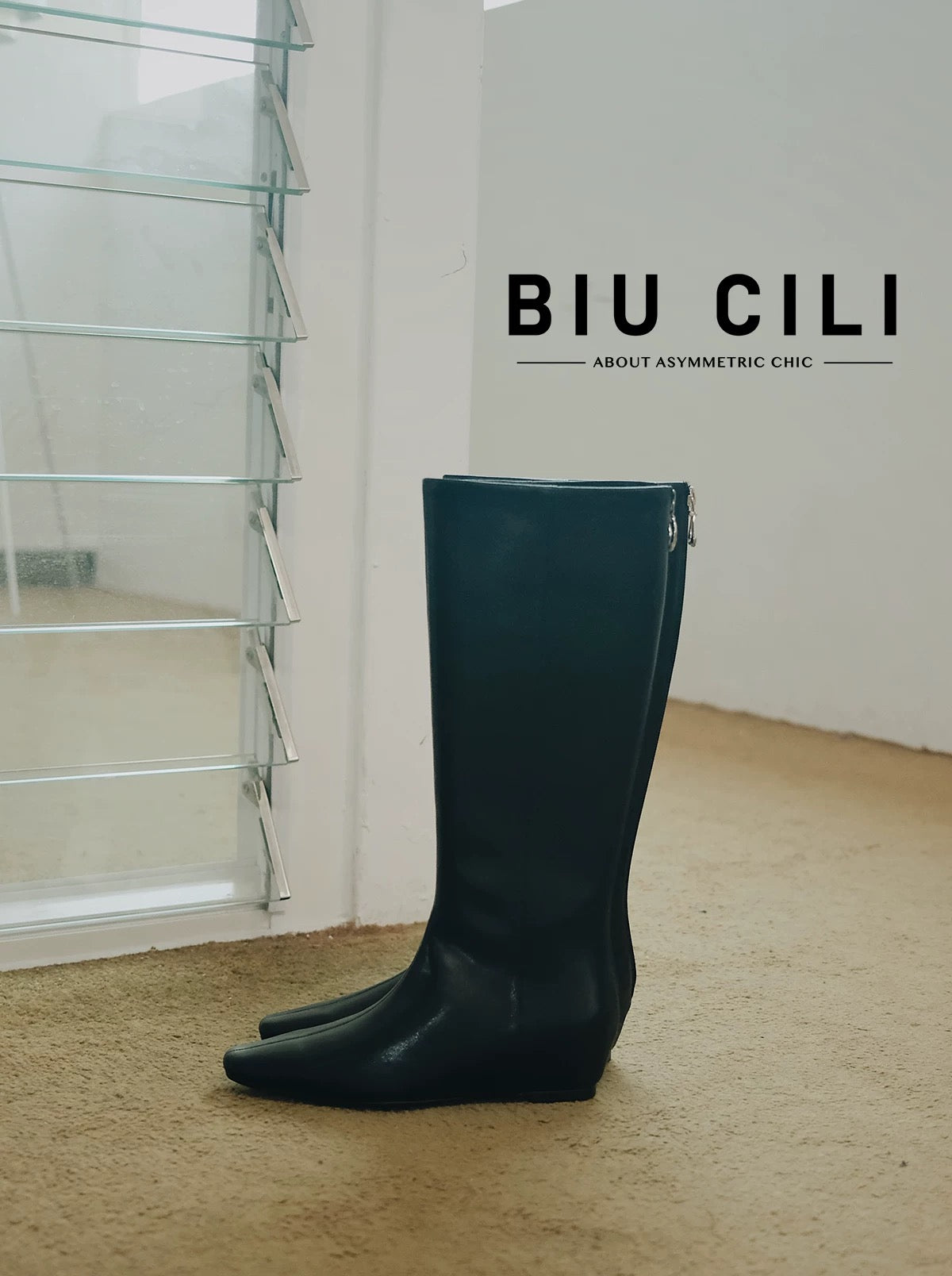 "Nightfall" Women's Minimalist Black Leather Tall Boots with Hidden Lift