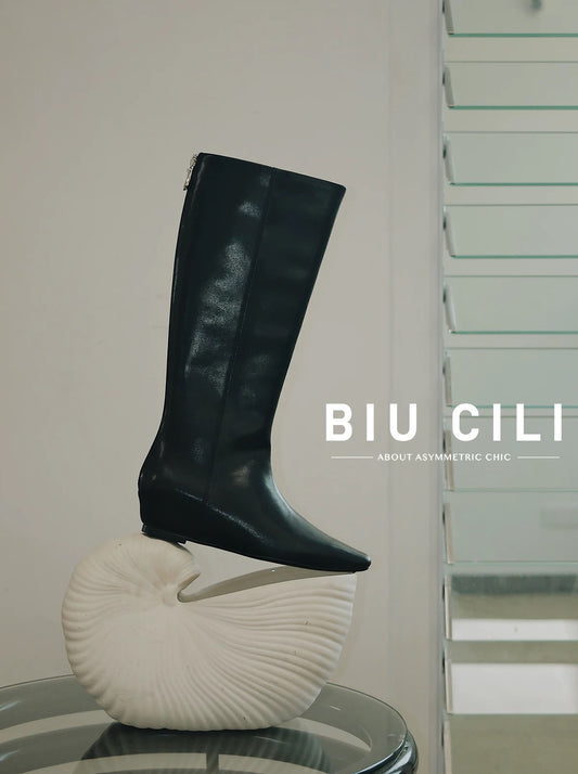 "Nightfall" Women's Minimalist Black Leather Tall Boots with Hidden Lift