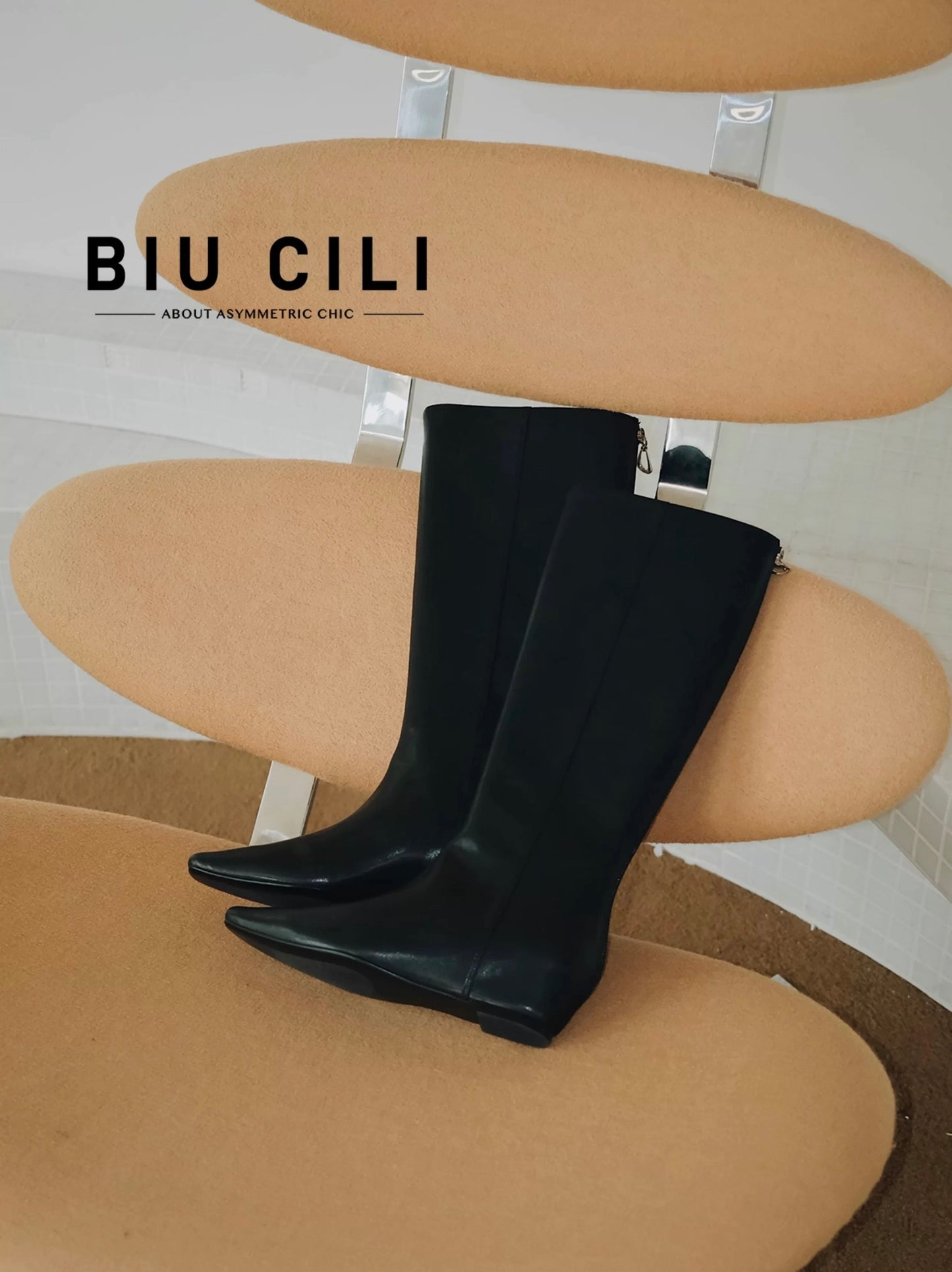 "Nightfall" Women's Minimalist Black Leather Tall Boots with Hidden Lift