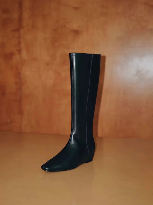 "Nightfall" Women's Minimalist Black Leather Tall Boots with Hidden Lift