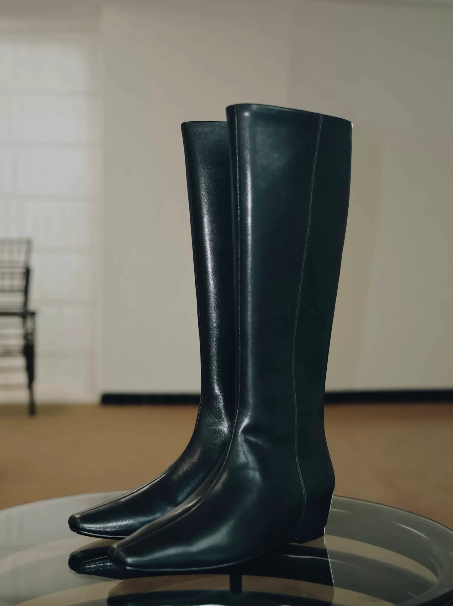 "Nightfall" Women's Minimalist Black Leather Tall Boots with Hidden Lift