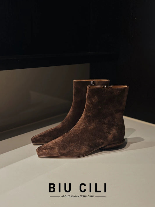 Women's Brown Suede Ankle Boots with Asymmetric Zipper