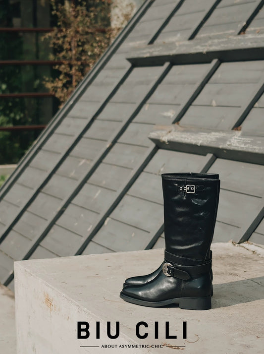 Women's Black Leather Retro Engineer Boots with Asymmetric Buckle