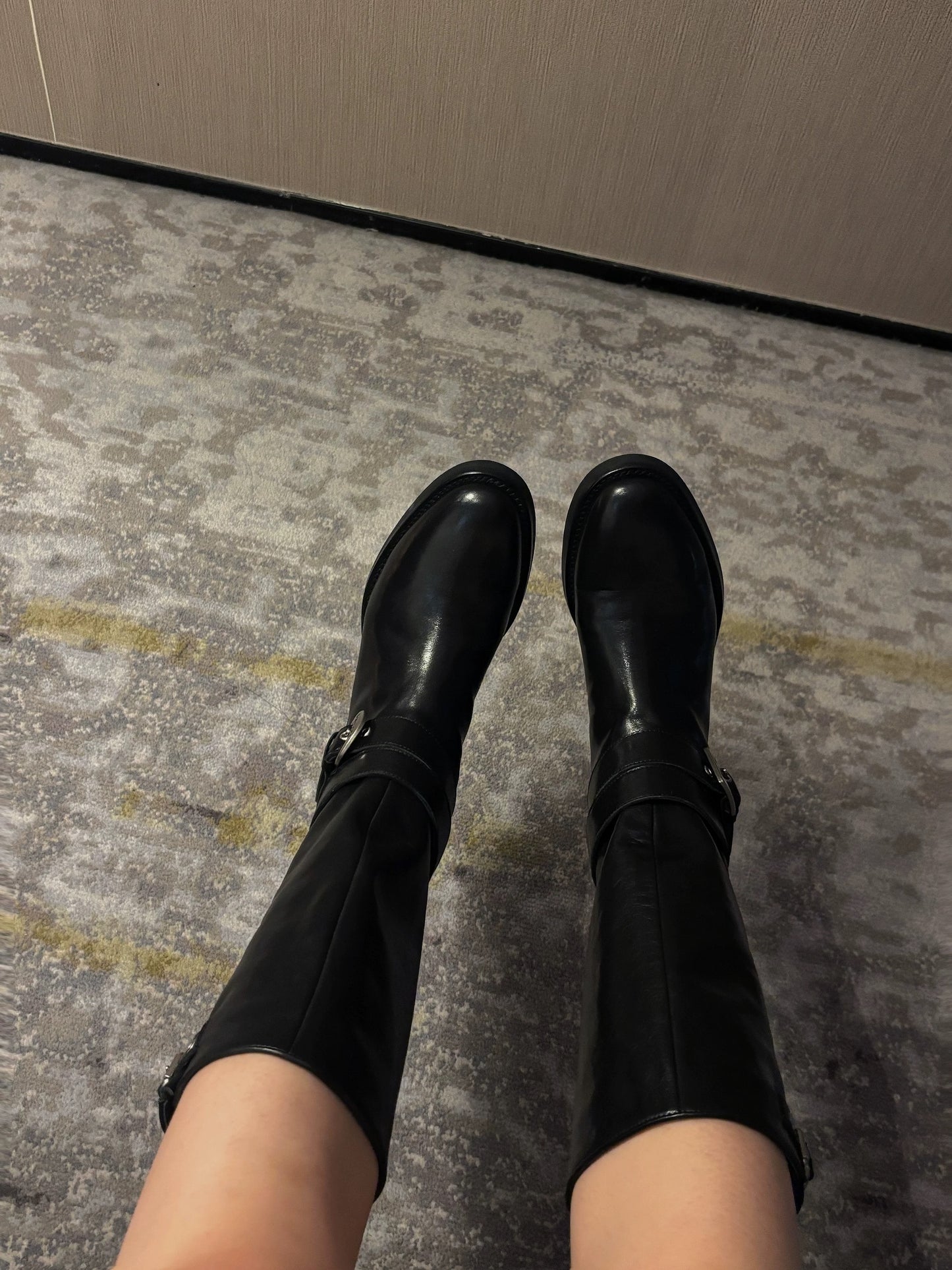 Women's Black Leather Retro Engineer Boots with Asymmetric Buckle