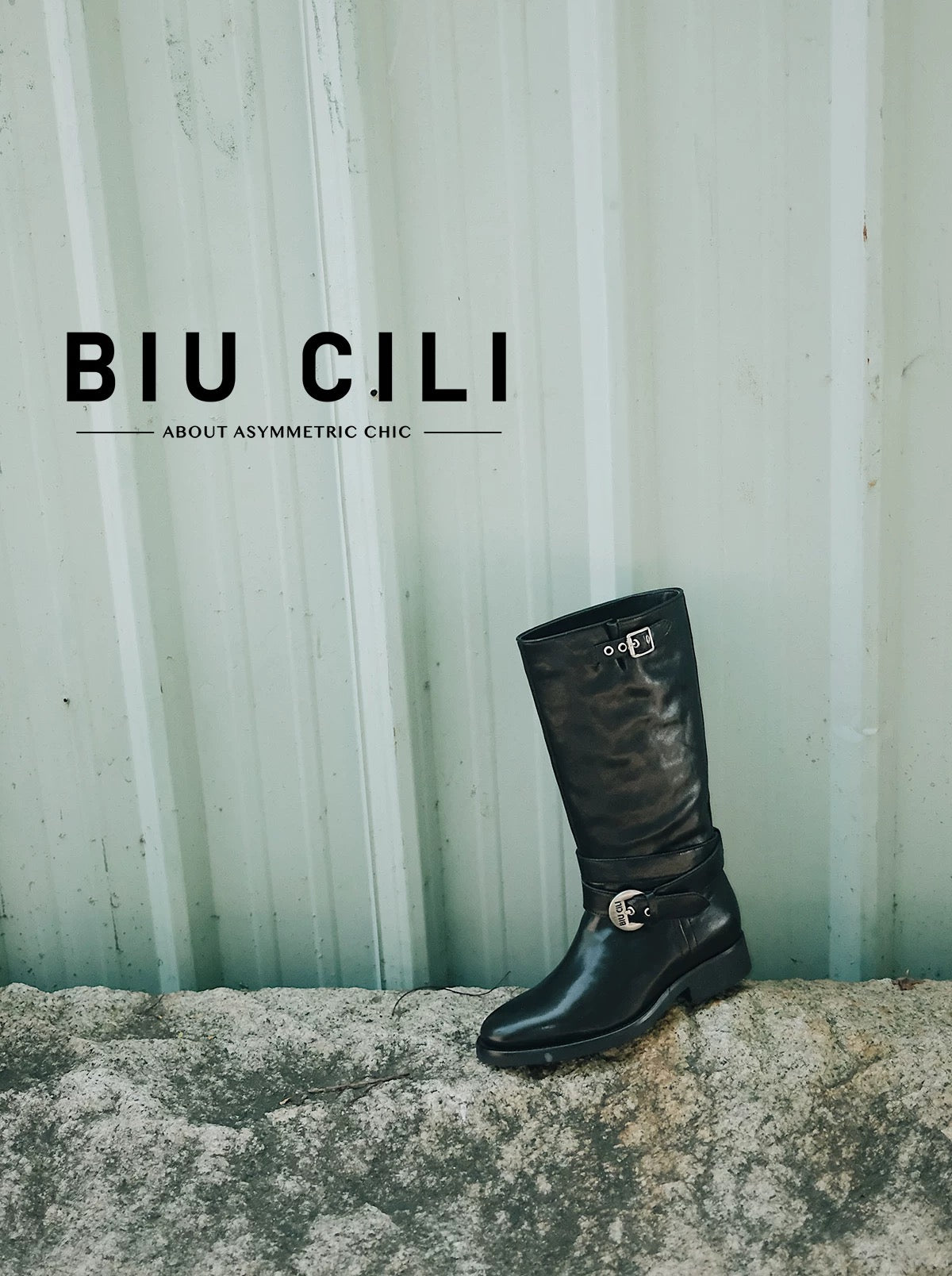 Women's Black Leather Retro Engineer Boots with Asymmetric Buckle