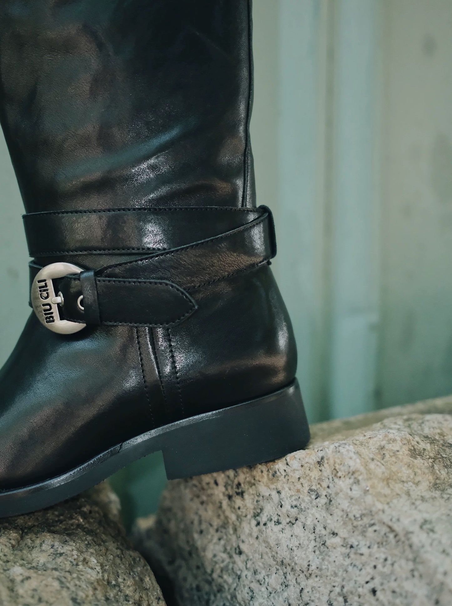 Women's Black Leather Retro Engineer Boots with Asymmetric Buckle