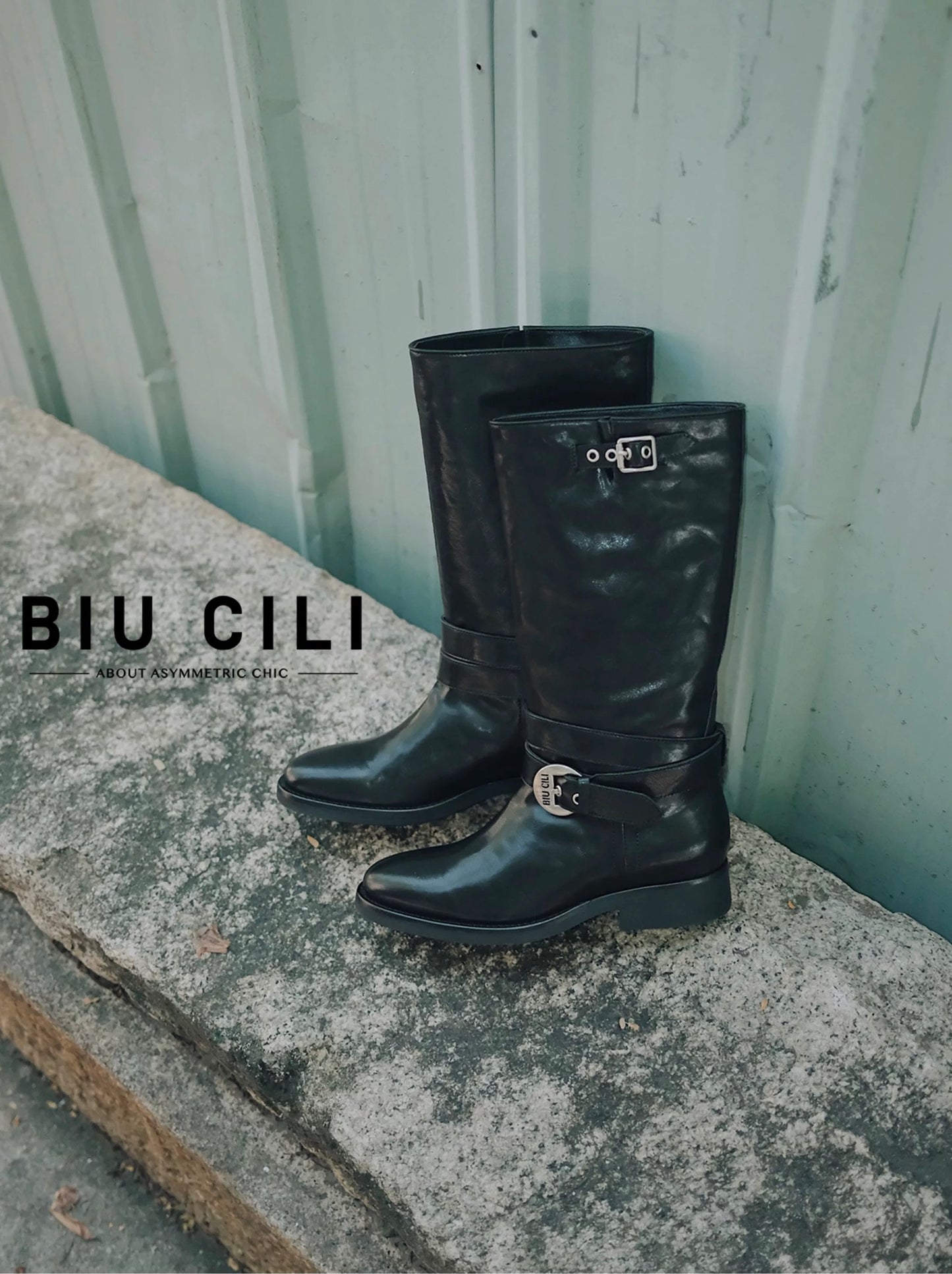 Women's Black Leather Retro Engineer Boots with Asymmetric Buckle