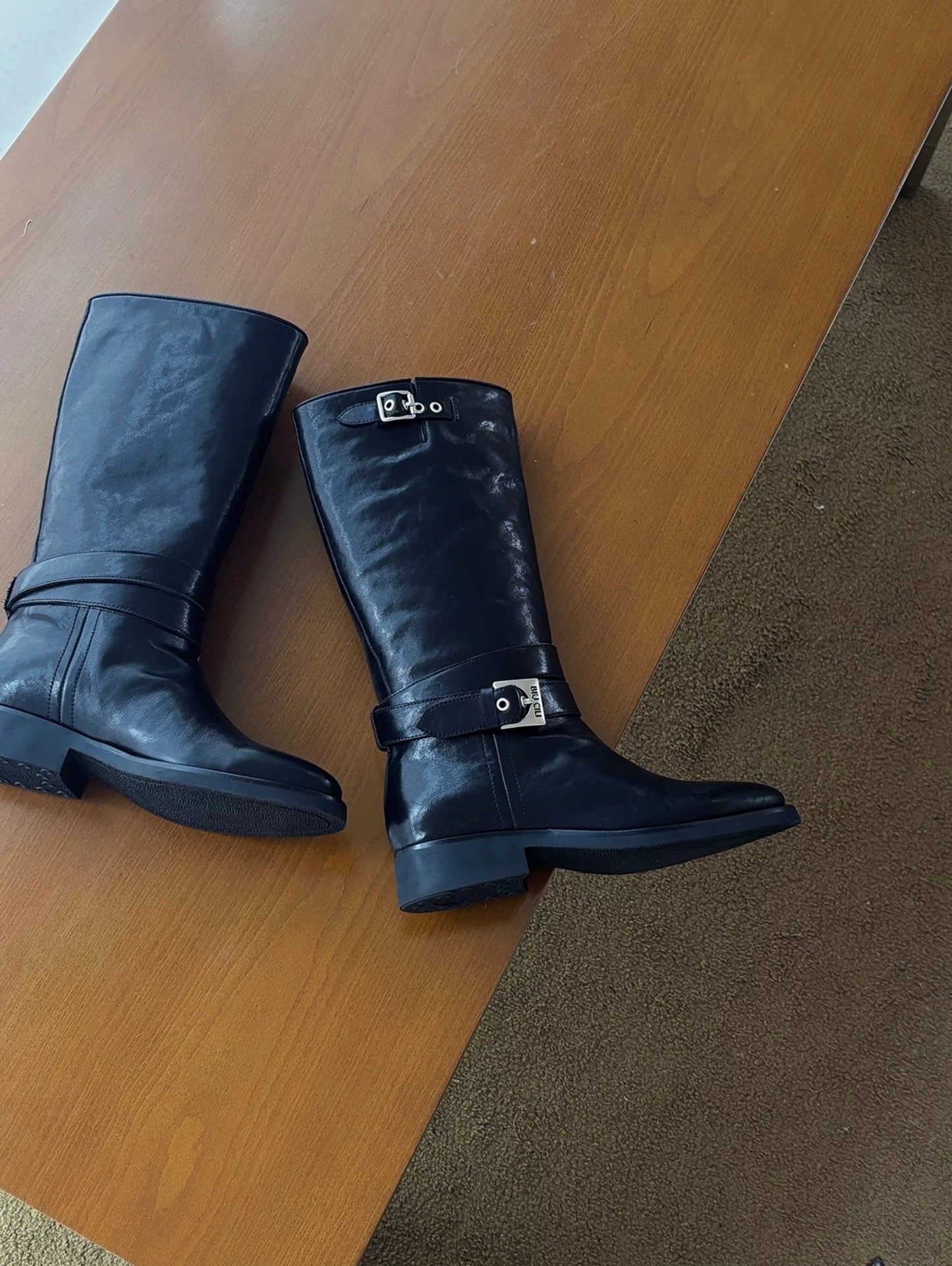 Women's Black Leather Retro Engineer Boots with Asymmetric Buckle