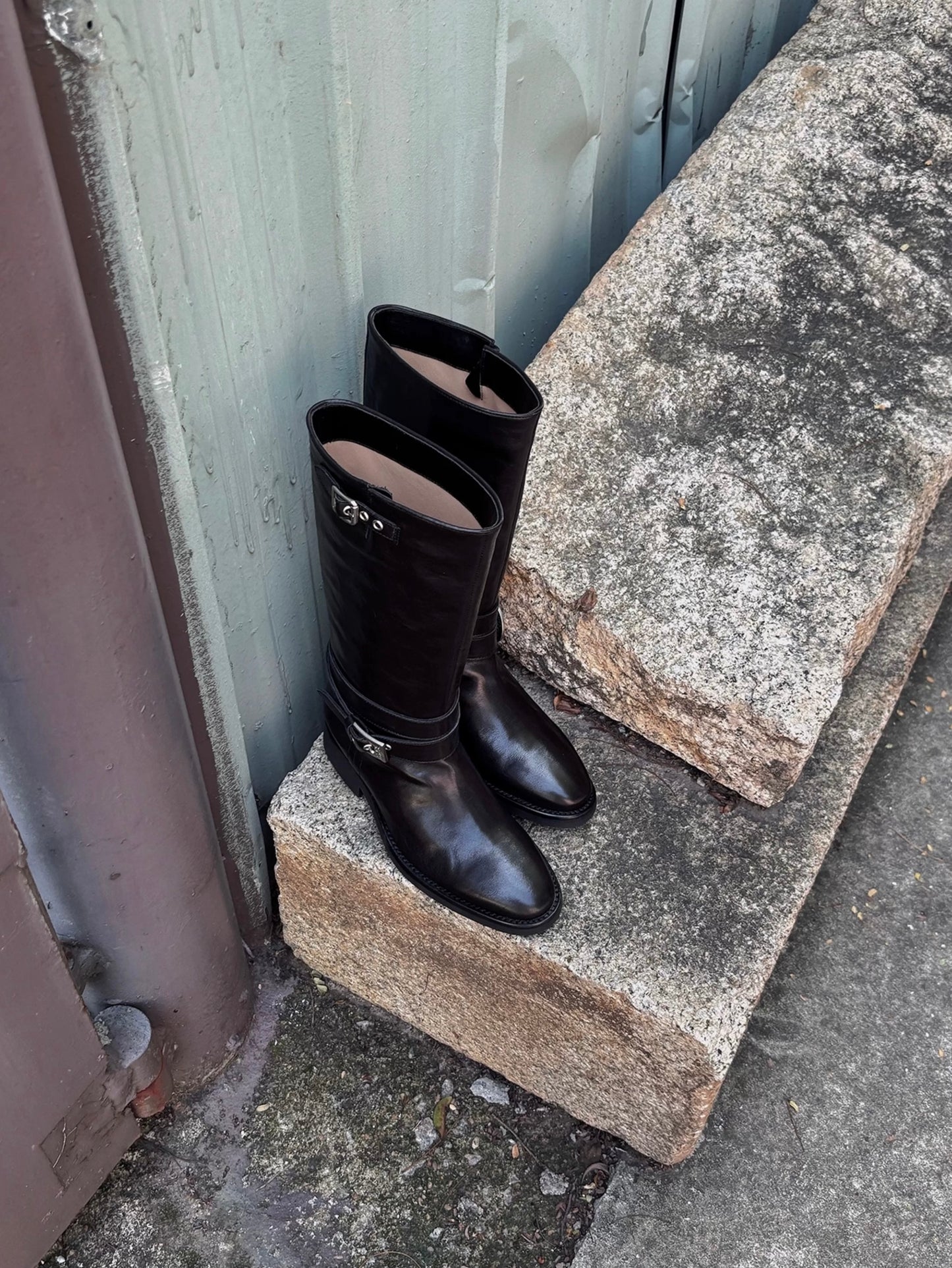 Women's Black Leather Retro Engineer Boots with Asymmetric Buckle