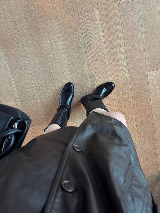 Women's Black Leather Retro Engineer Boots with Asymmetric Buckle