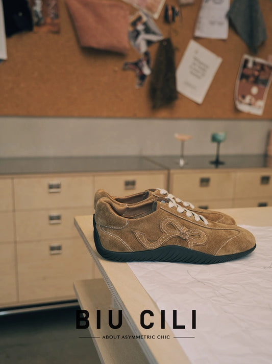 Khaki Suede Sneakers with Bow Detail