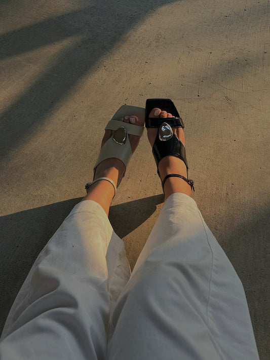 "Slow Time" Minimalist Leather Sandals with Sculptural Silver Detail