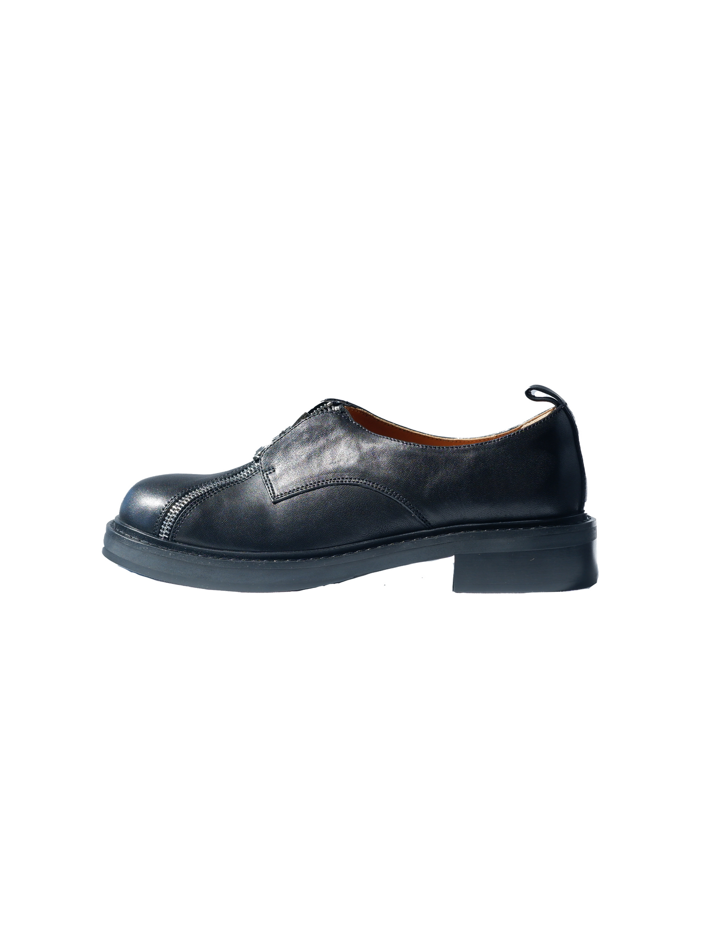 Black asymmetric leather loafers with curved zipper detail and rounded toe