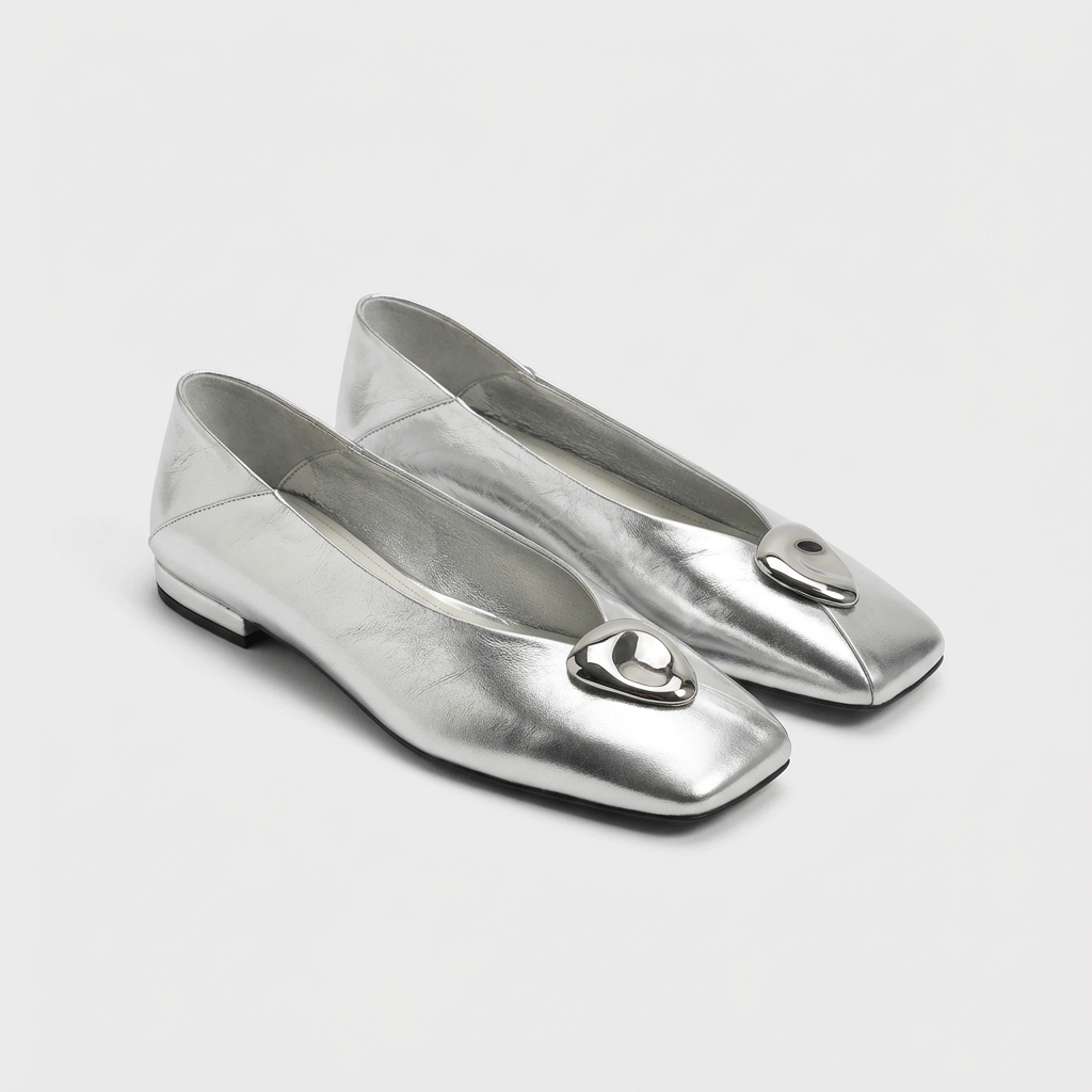 Slow Time Minimalist Two-Way Square Toe Leather Flats in Black or Silver