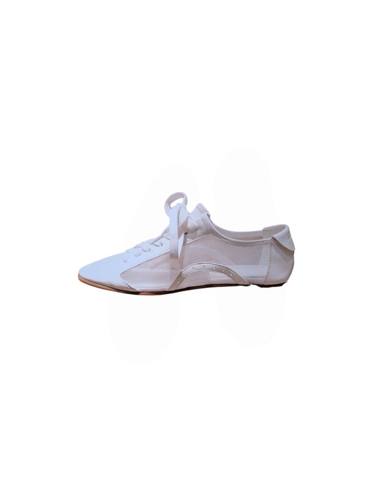 White mesh leather lace-up sneakers for summer, stylish flats perfect for formal and casual outfits.