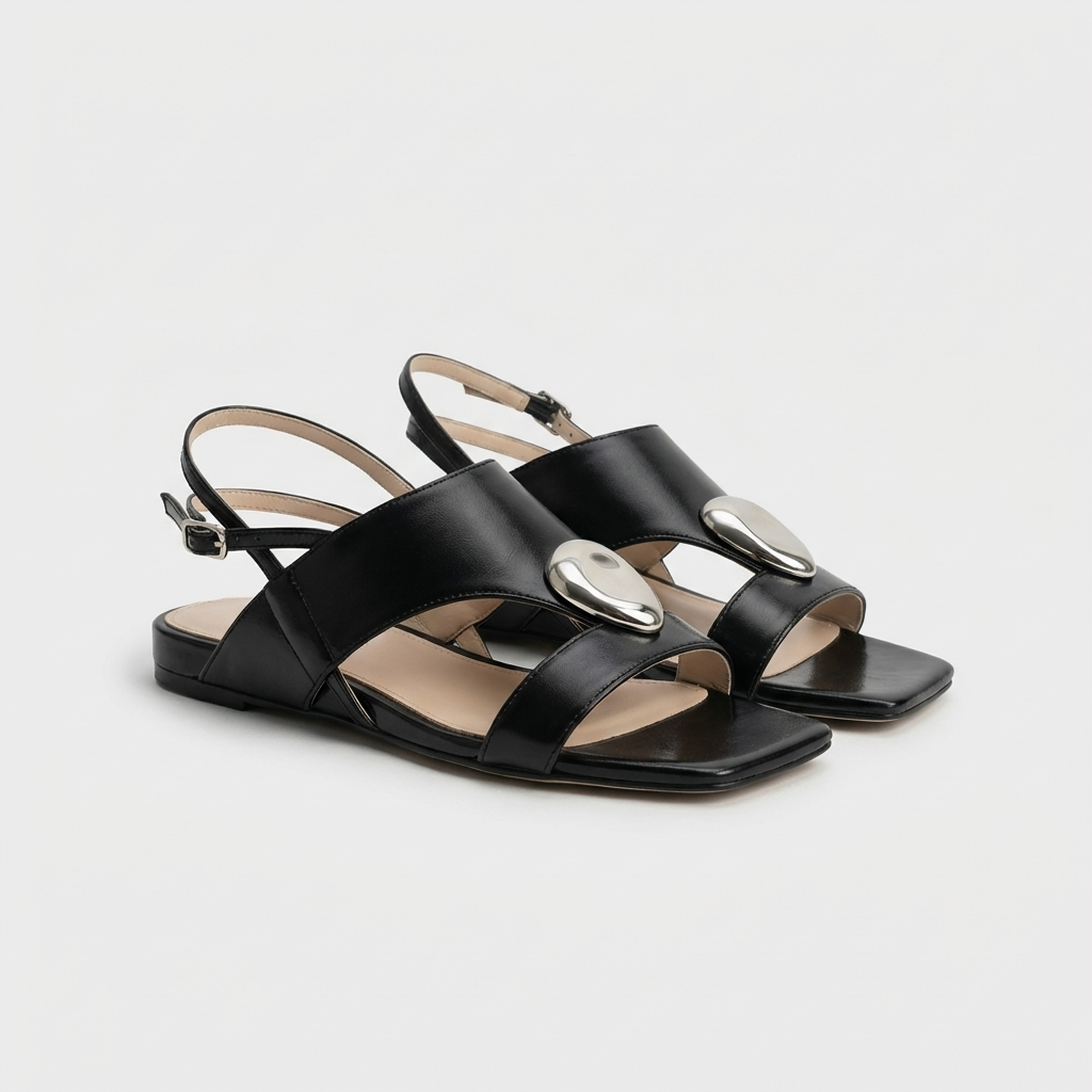 "Slow Time" Minimalist Leather Sandals with Sculptural Silver Detail