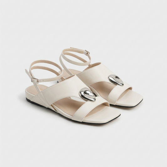 "Slow Time" Minimalist Leather Sandals with Sculptural Silver Detail