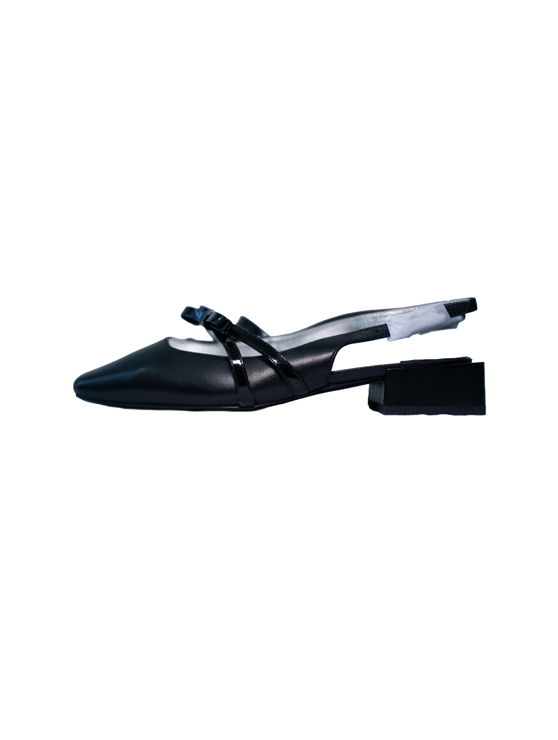 Black square toe Mary Jane shoes with asymmetric bow and low block heel