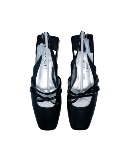 Black square toe Mary Jane shoes with asymmetric bow and low block heel